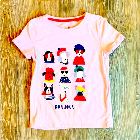 NEW Mini Boden Girls Pink Short Sleeve Bonjour Dog Top Size 5-6Y - Picture 1 of 12